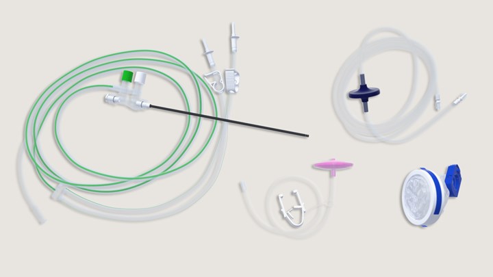 ensemble de composants de trousse de cœlioscopie : housse de caméra, tube d'insufflation, filtre à fumée